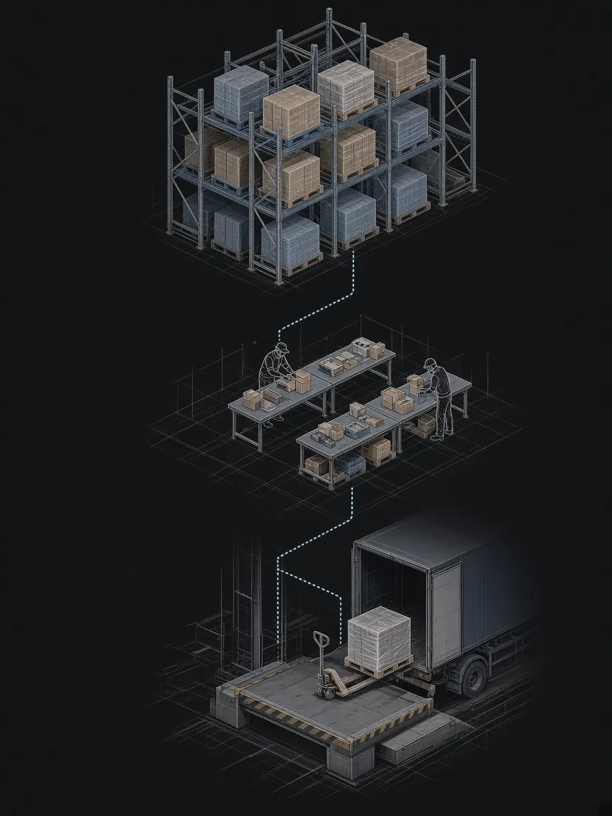Illustration of a stepped warehouse: racks, work tables and the dock